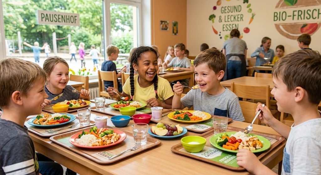 Kinder beim gemeinsamen Mittagessen mit buntem Gemüse