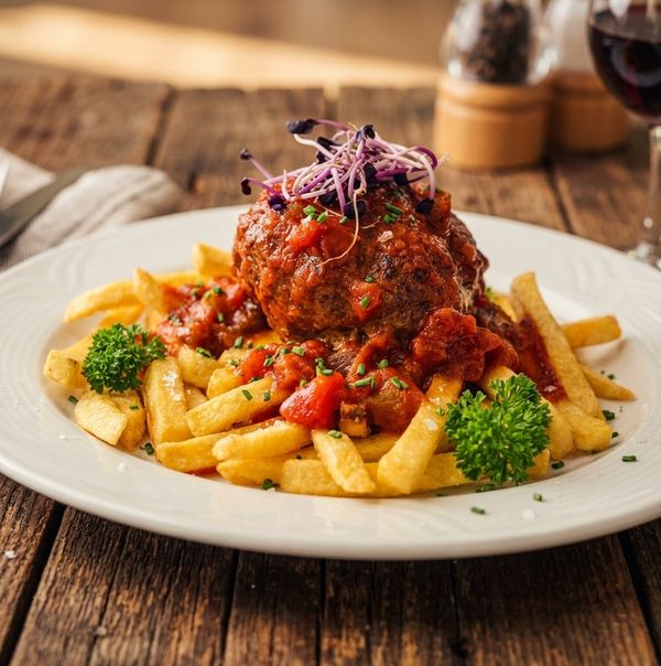 Mittagsgericht im OCS-Restaurant: Fleischküchle in Tomatensoße mit Pommes frites
