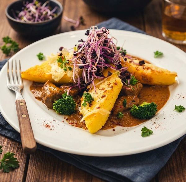 Mittagsgericht im OCS-Restaurant: Gulasch mit Polentaschnitten und Brokkoli