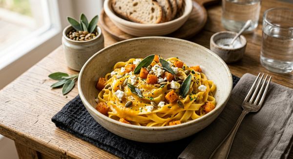 Kürbis-Pasta mit Salbei, Feta und Kürbiskernen