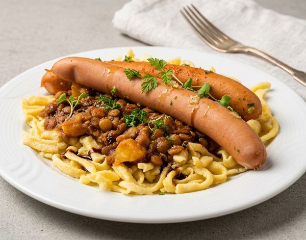 Schwäbische Linsen mit Spätzle und Saitenwürstle