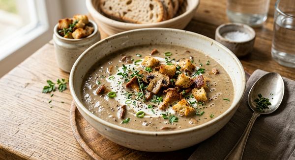 Pilzcremesuppe mit Croûtons und Schnittlauch