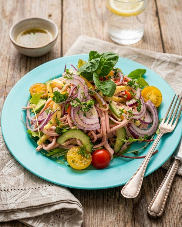 Wunnebad: Schwäbischer Wurstsalat mit Gurke und Kirschtomaten